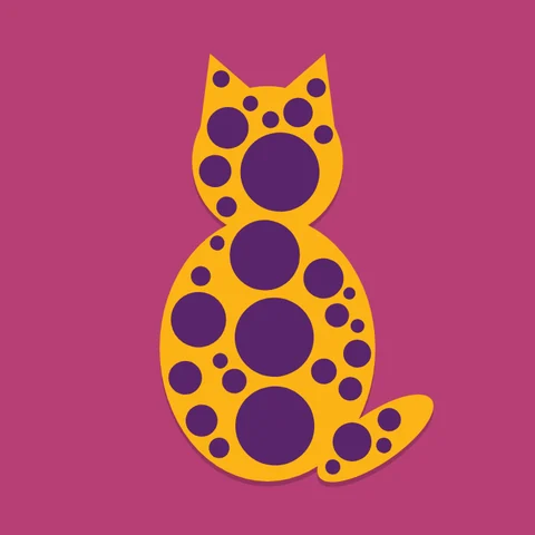 A yellow cat covered in purple dots, on magenta