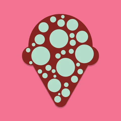 A maroon ice cream cone covered in mint dots, on pink