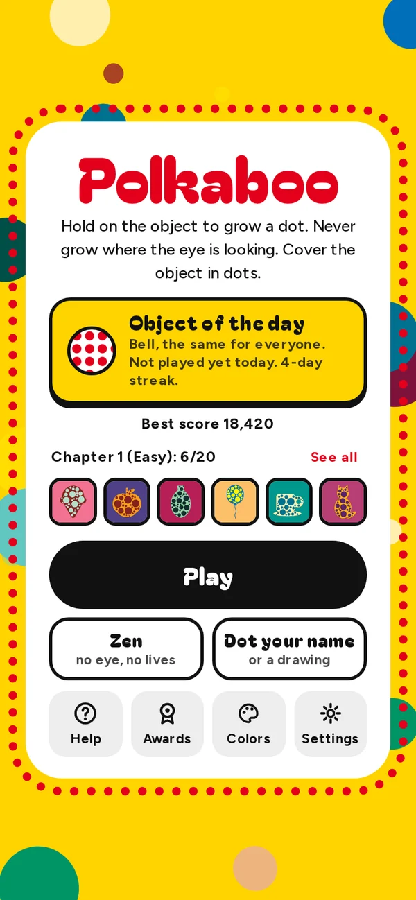 The Polkaboo menu: the object of the day, a row of six finished pieces and the Play button