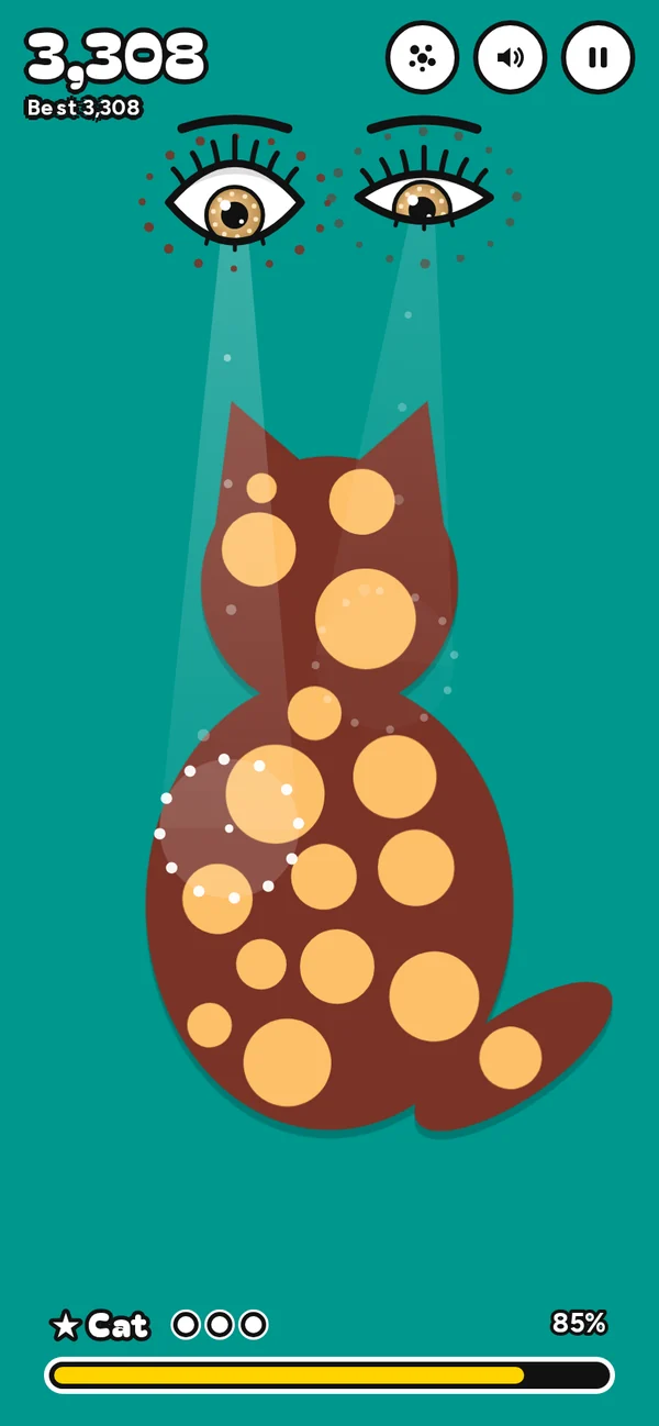 A level in play: a brown cat half covered in cream dots, with two eyes at the top of the screen shining their light down on it